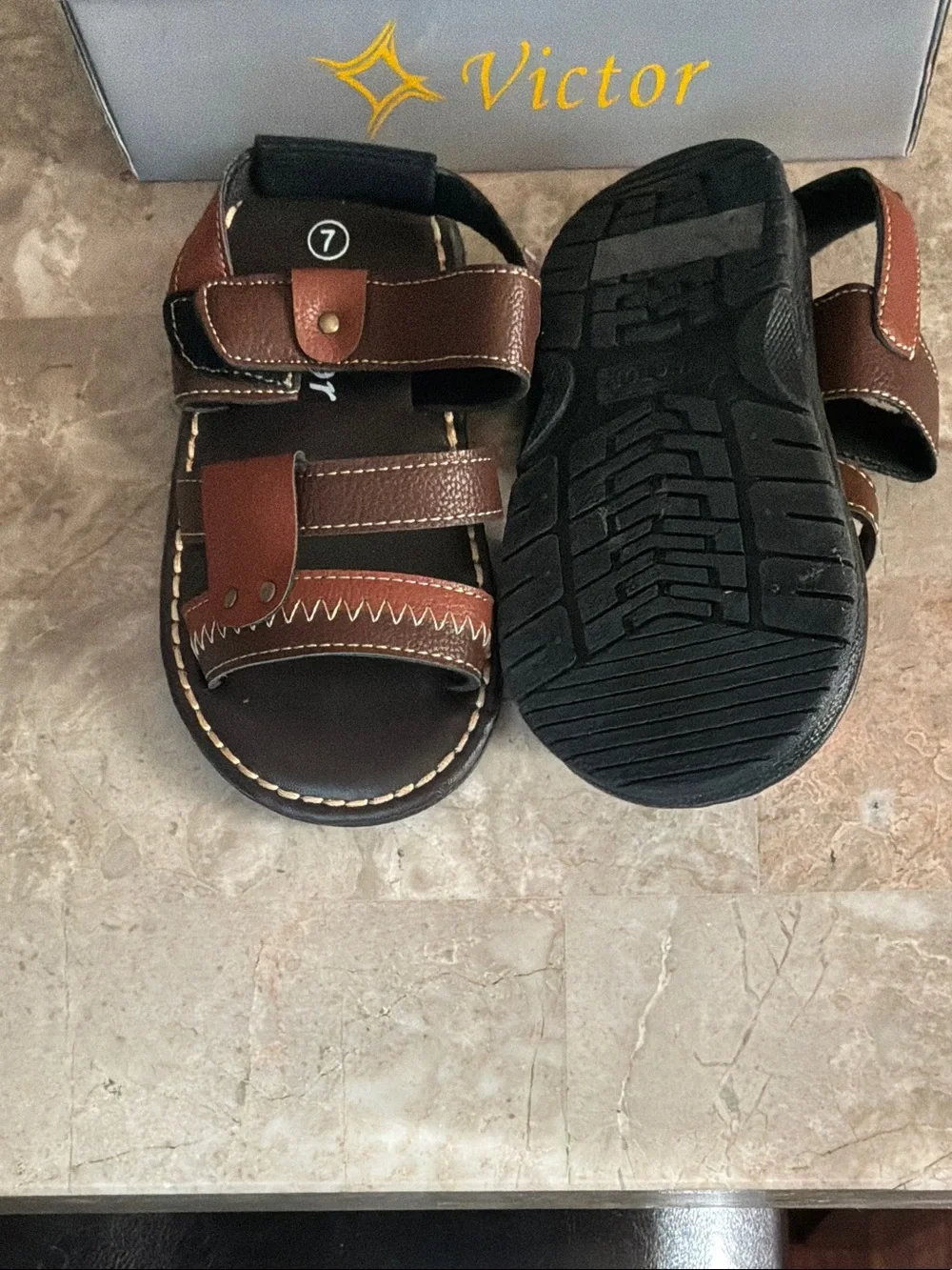 Brown Boys' Leather-Style Adjustable Sandals Size 7